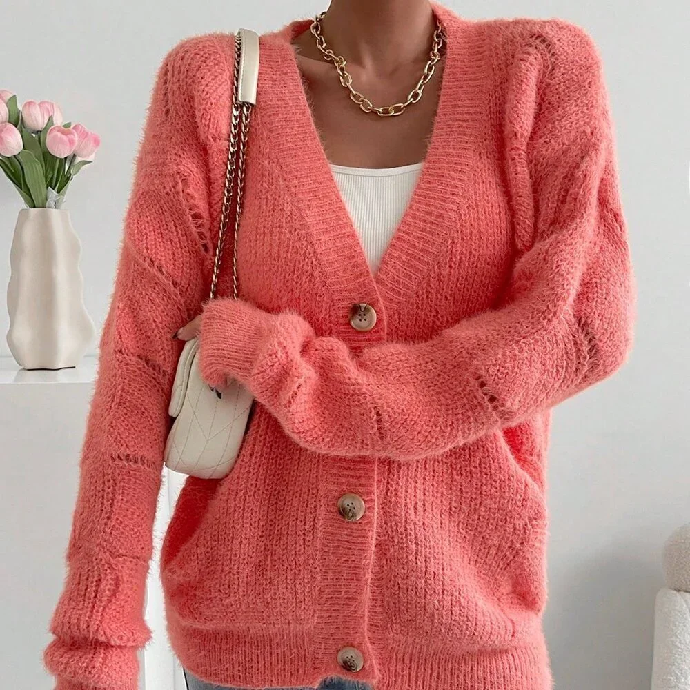 Pink Casual Women's Drop Shoulder Button Front Cardigan - Picture 4 of 6